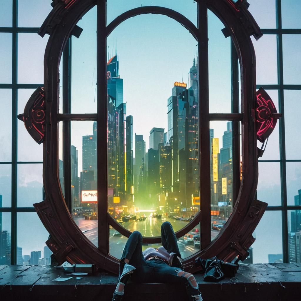 Neon Cyberpunk Cityscape Reflection in Synthwave Style