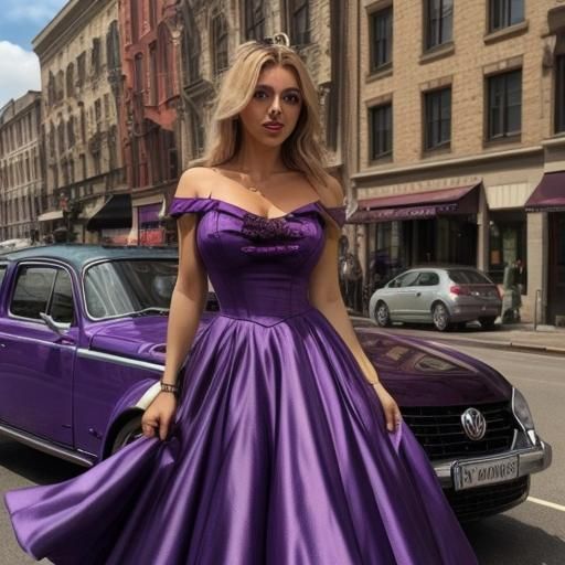 Blonde Girl in Purple Dress Next to Volkswagen