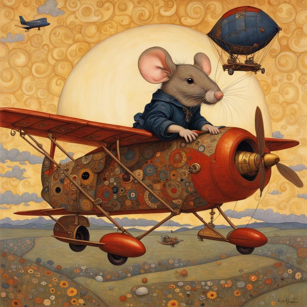 Mouse Flies Airplane in Klimt-Rockwell Style
