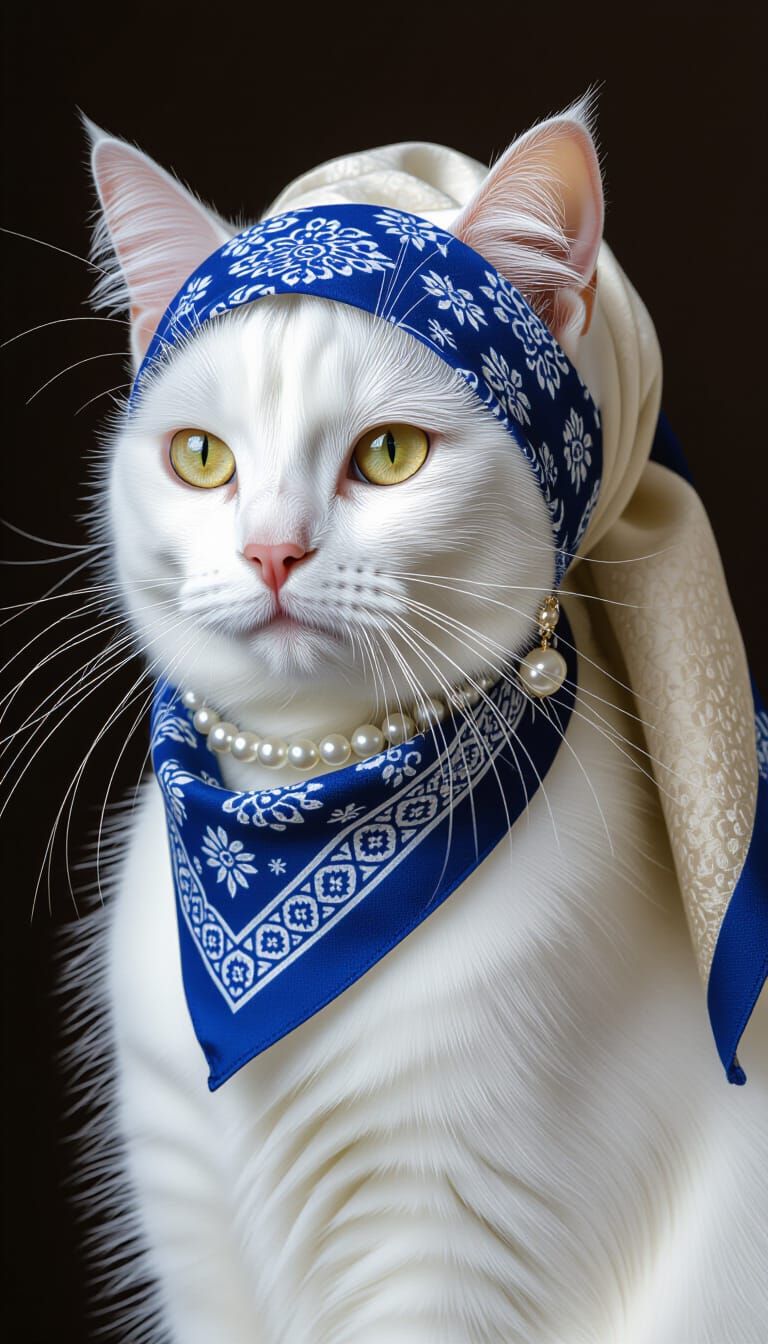 Vermeer-Style Cat Portrait with Pearl Earring