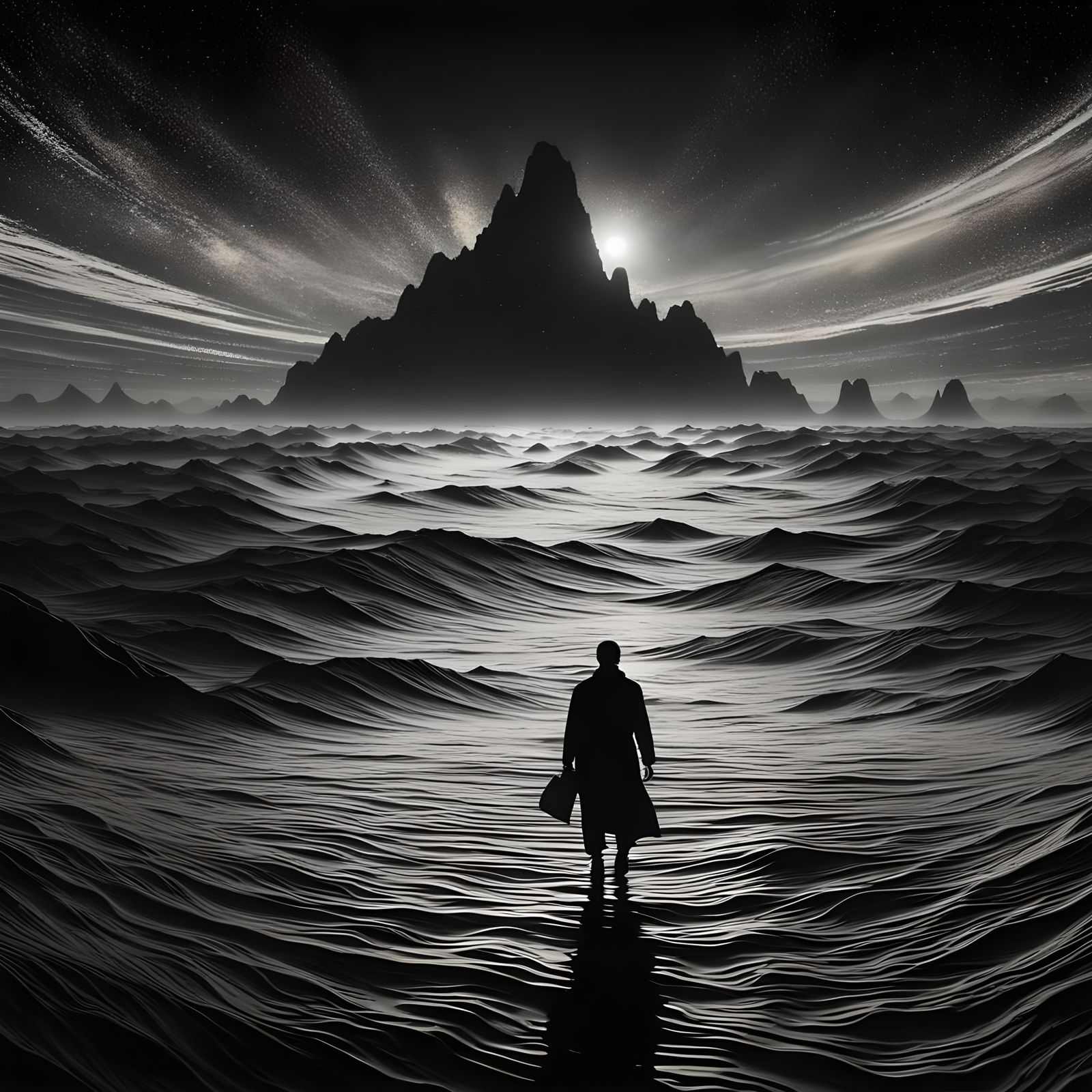 Psychedelic Ocean Landscape with Silhouette: Digital Matte P...