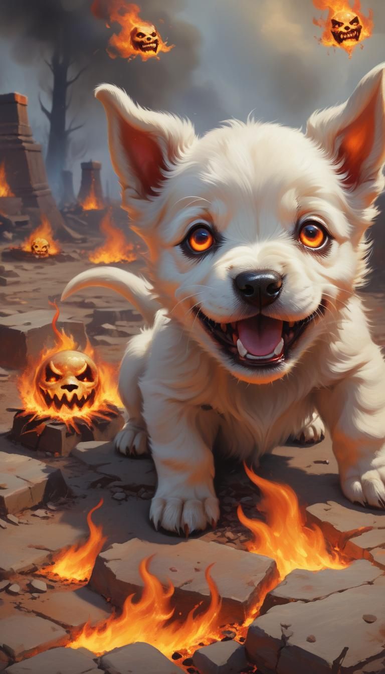 Adorable Hell Hound Puppy in Fiery Landscape