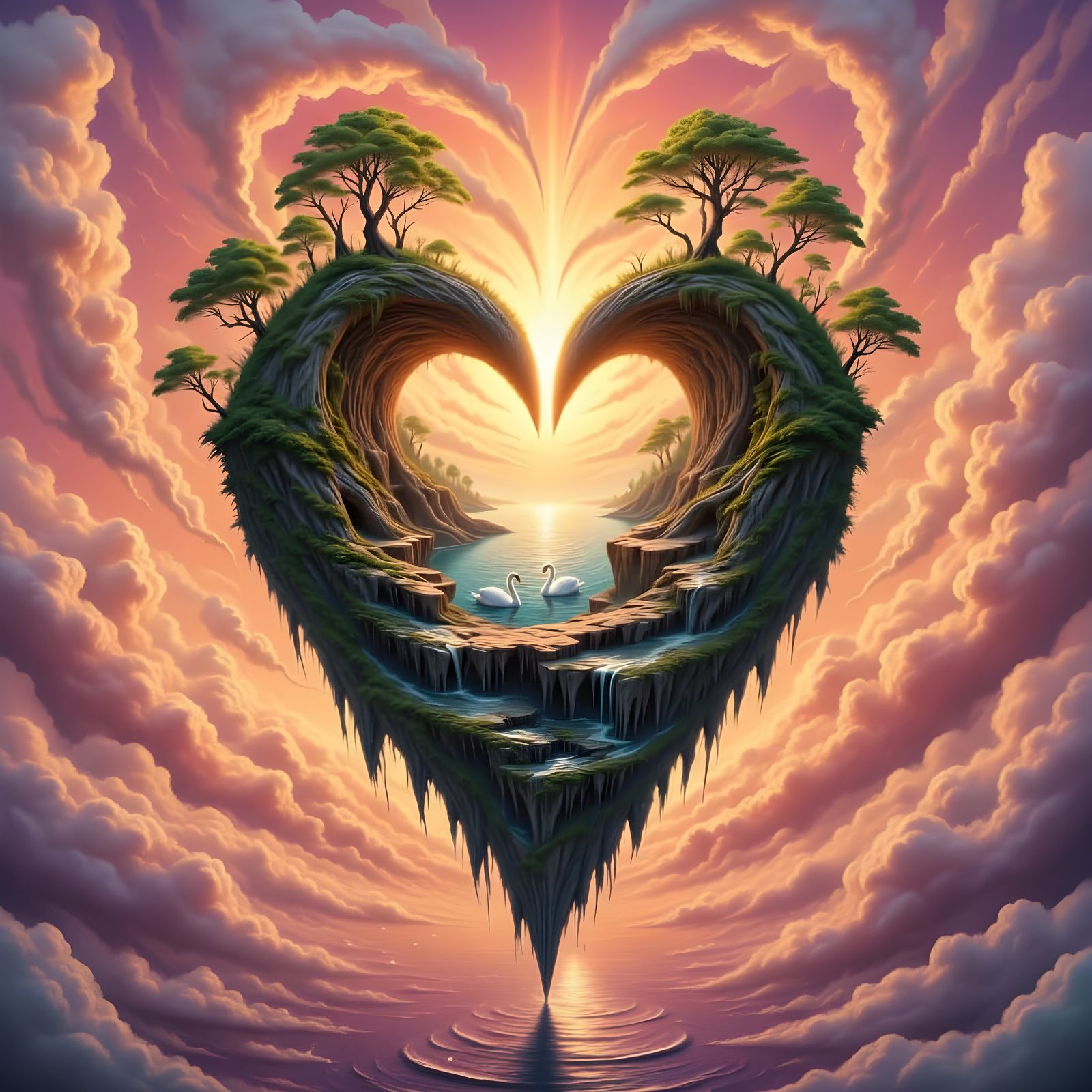 Floating Heart Islands in Golden Hour Sky