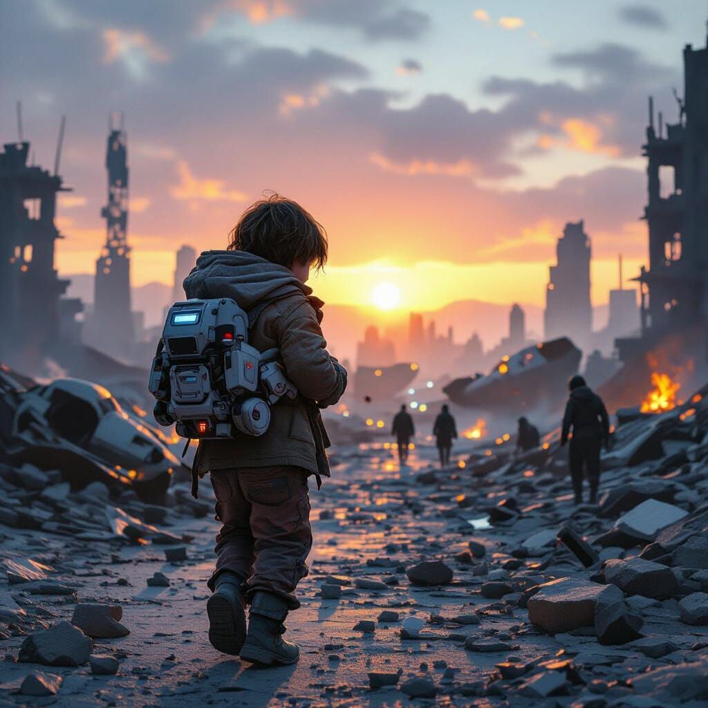 Rescue Robot Carries Child Through Alien City Ruins