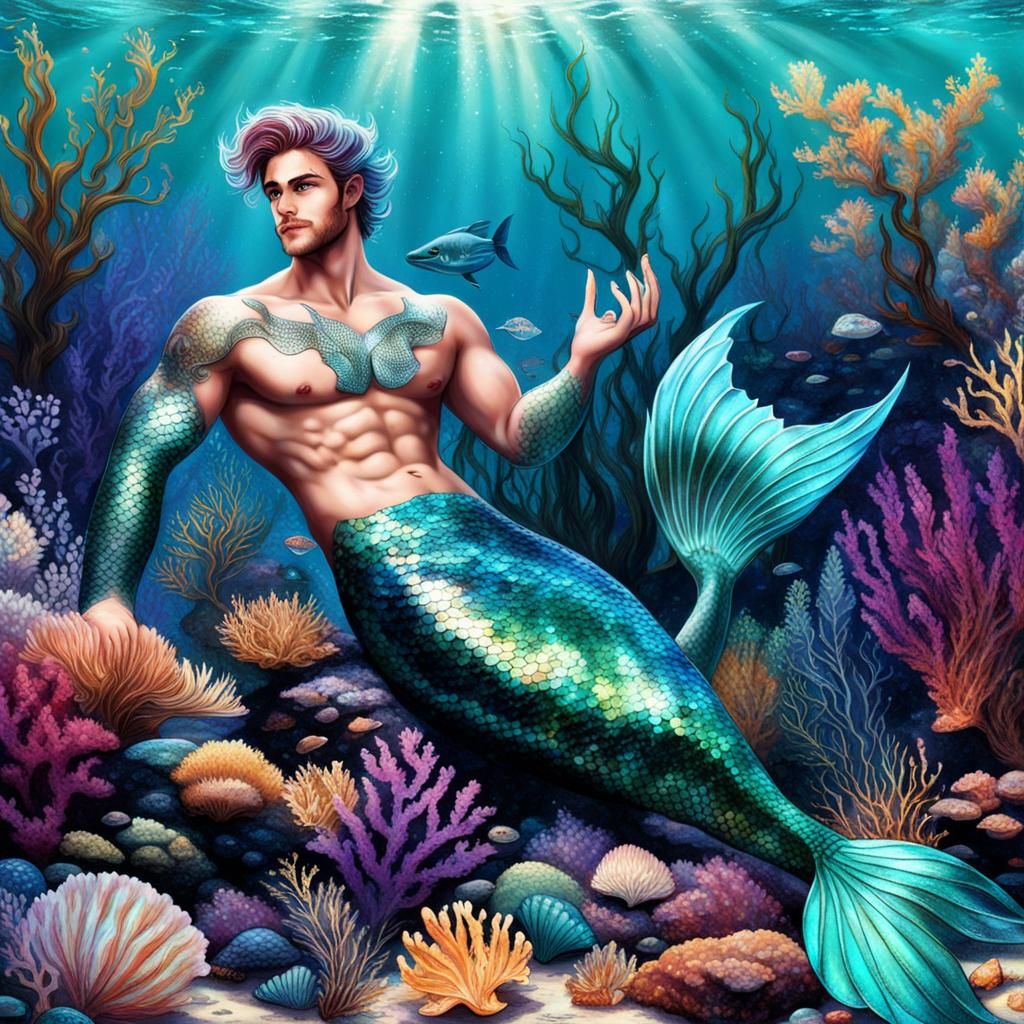 Romantic Merman and Mermaid Encounter