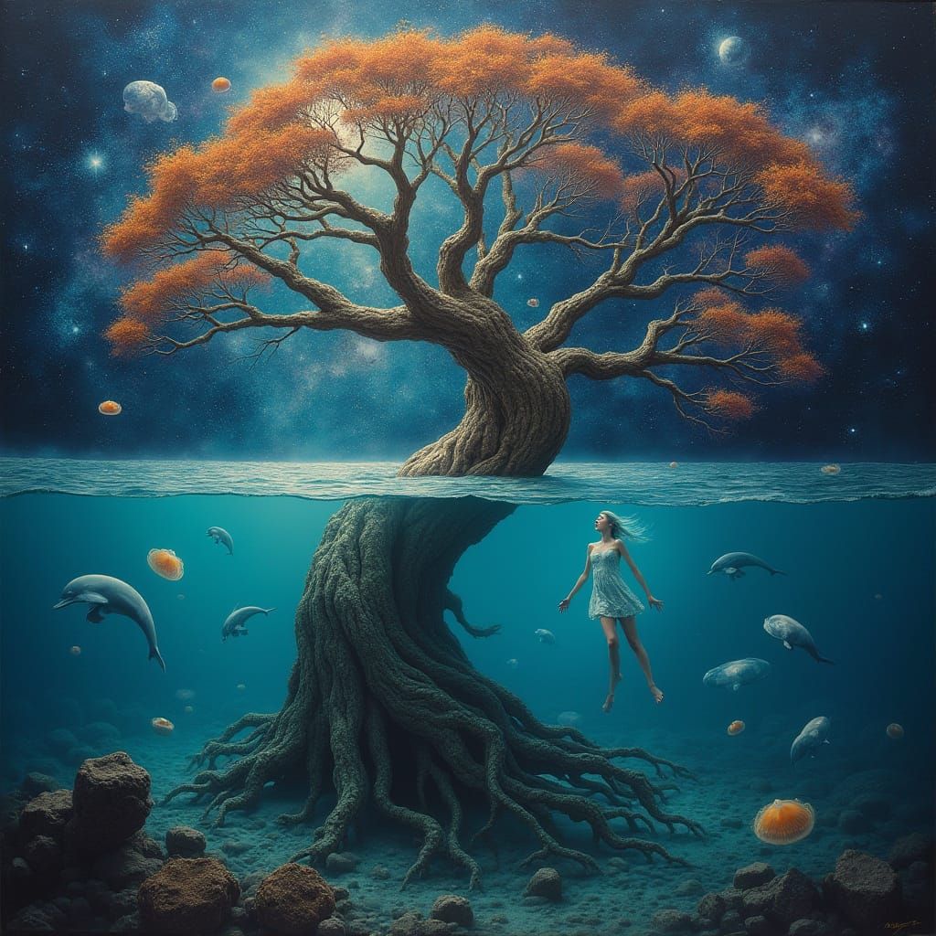 Galactic Ocean Tree with Cosmic Marine Life