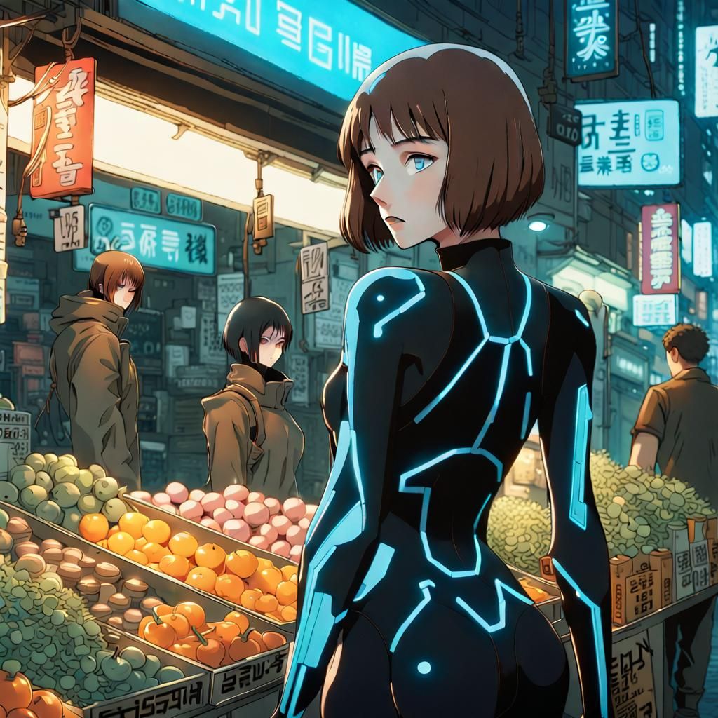 Cyberpunk Woman Shopping at Night in Anime Style