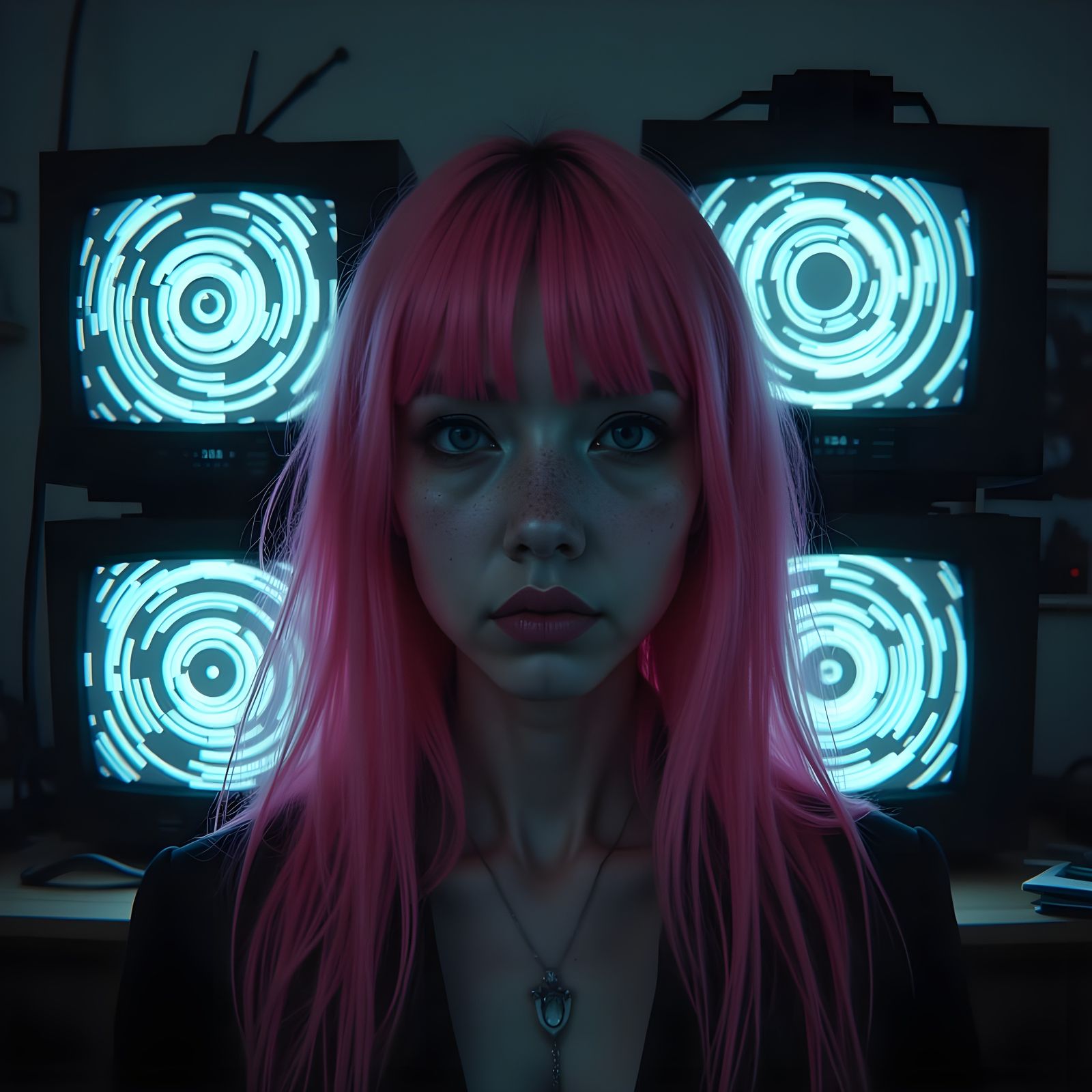 Pink Haired Woman Brainwashed by Spiraling TVs in Horrorcore...