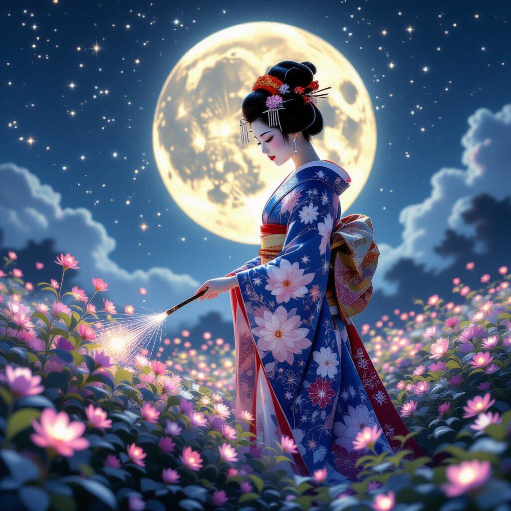 Celestial Geisha Tends Bioluminescent Garden on Moon