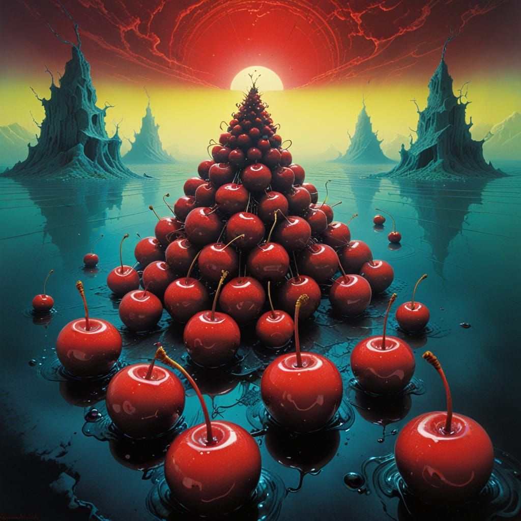 Surreal Dreamscapes with Vibrant Cherries in a Psychedelic H...