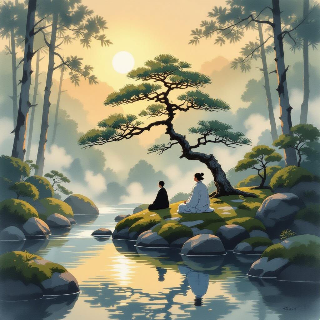 Serene Japanese Garden at Dawn with Meditating Figure