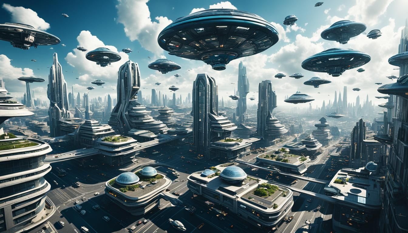 Futuristic Cityscape with Flying Vehicles