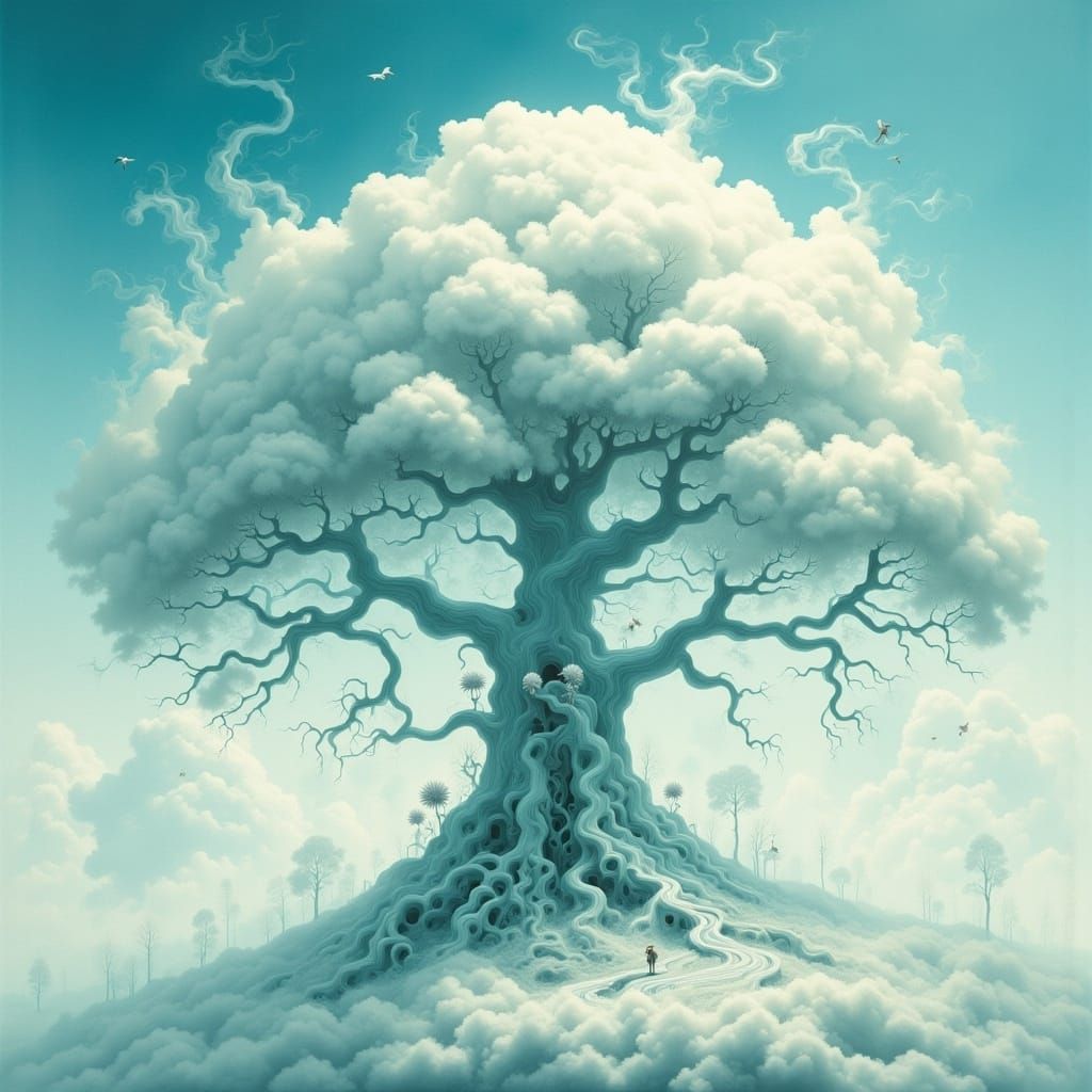 Mystical Cloud Tree in Surreal Ink Wash Style