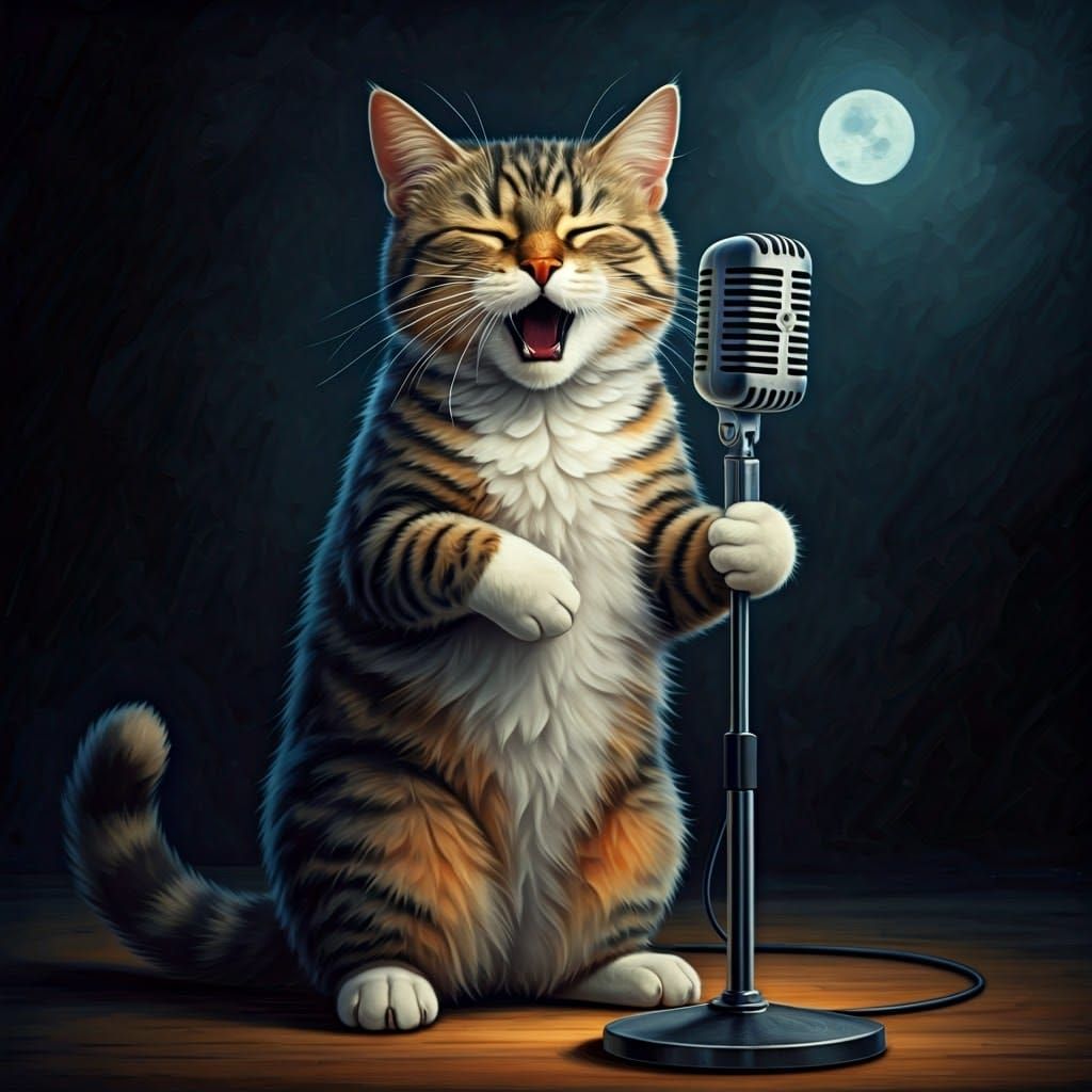Singing Cat's Impassioned Performance as Oil Painting