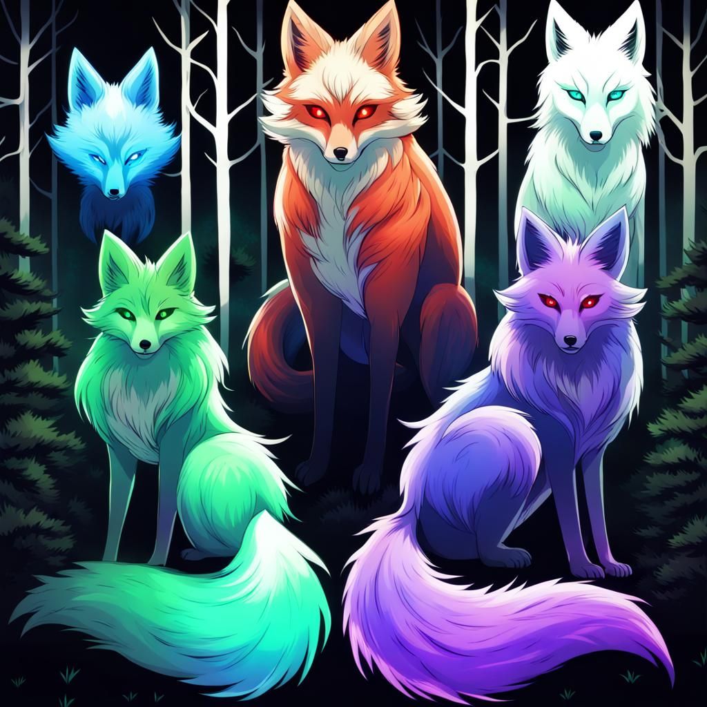 Nine-Tailed Foxes with Auras in Dark Forest