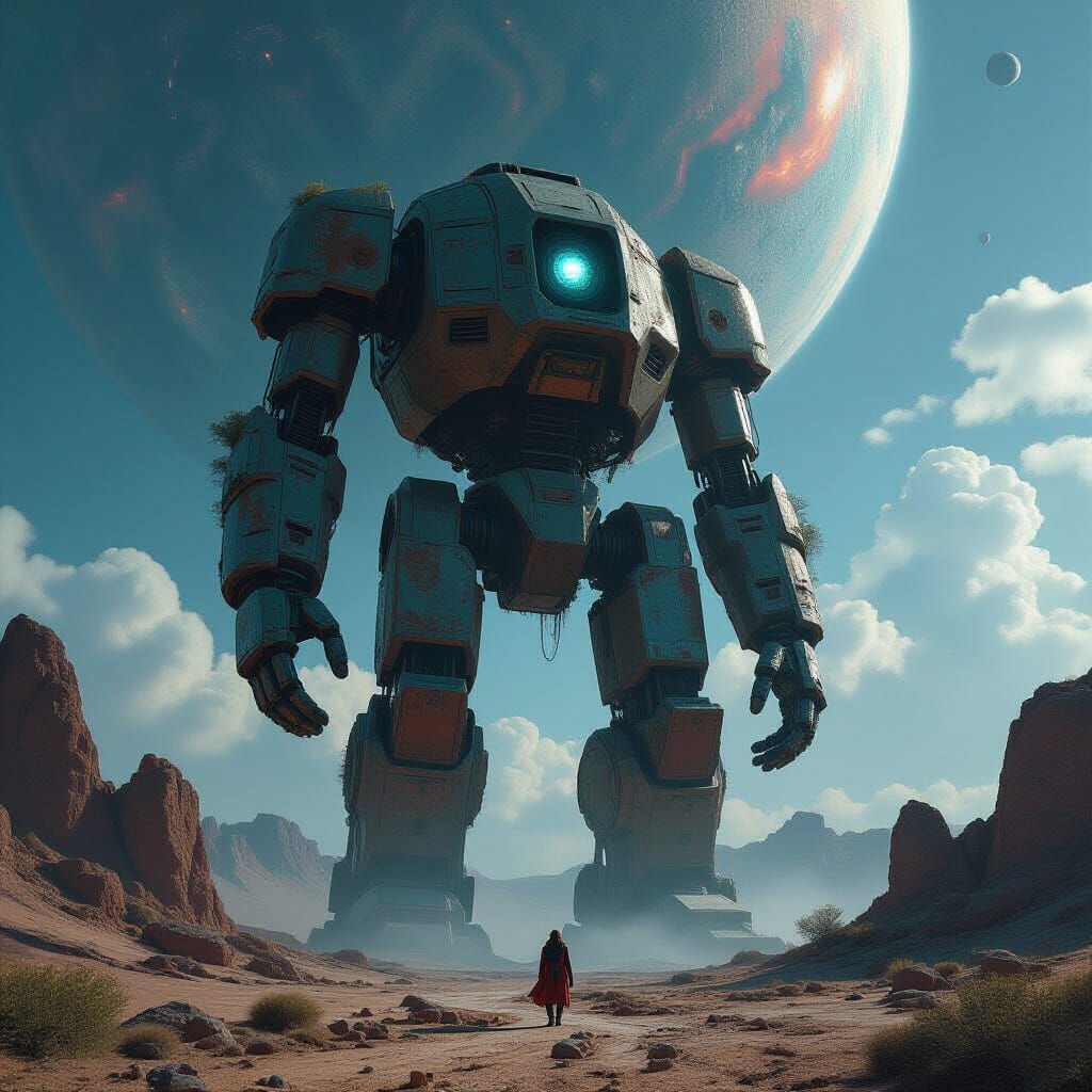 Ancient Automaton Overlooking Alien Landscape