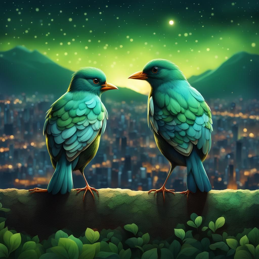 Cartoon Birds Embrace Over Night Cityscape