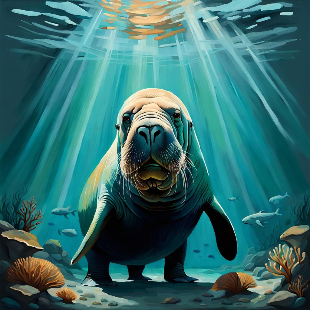Aquamarine Walrus Painting: Minimalist Underwater Study
