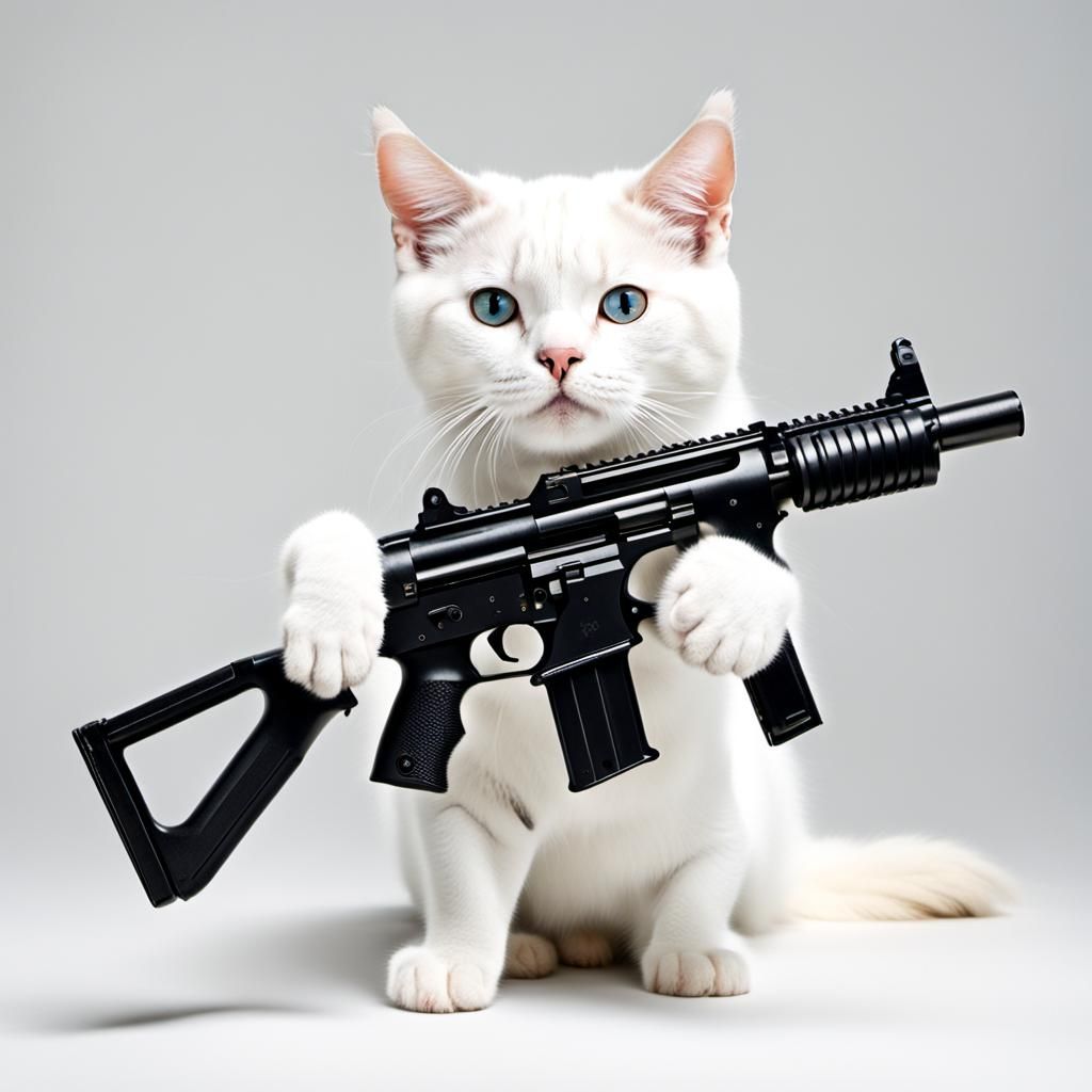 A white cat with a Machine Pistol