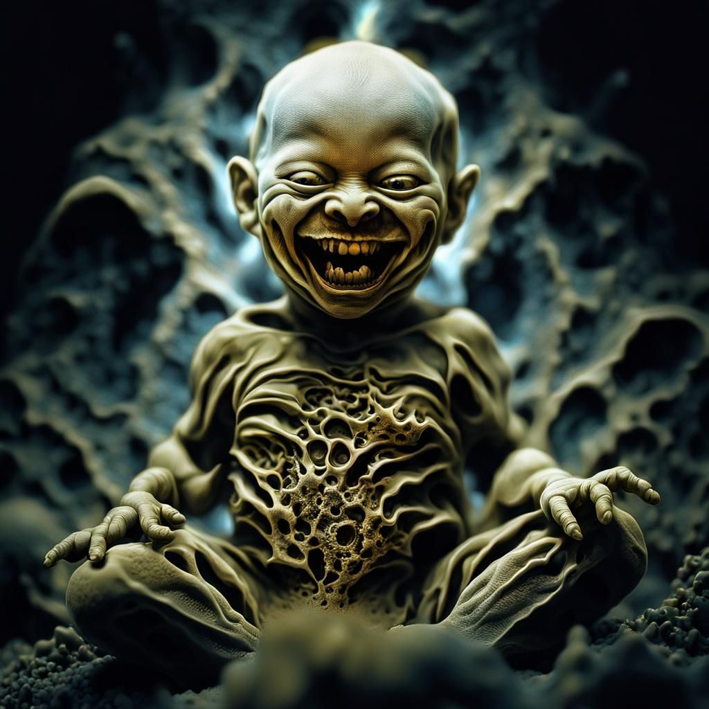 Apocalyptic Grinning Baby Portrait in Macrophotography Style