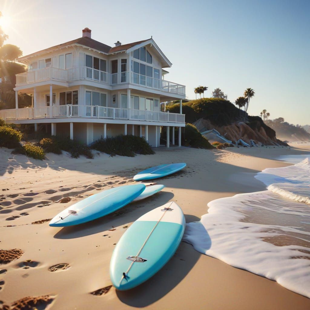 Idyllic Malibu Beach Scene with Surfboards and Modern House