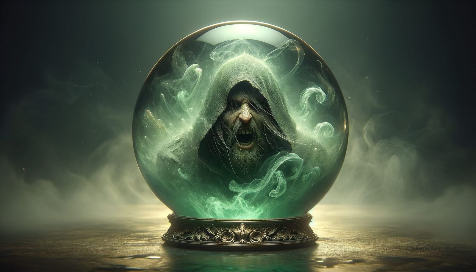 Crystal Ball with Terrified Man in Smoke