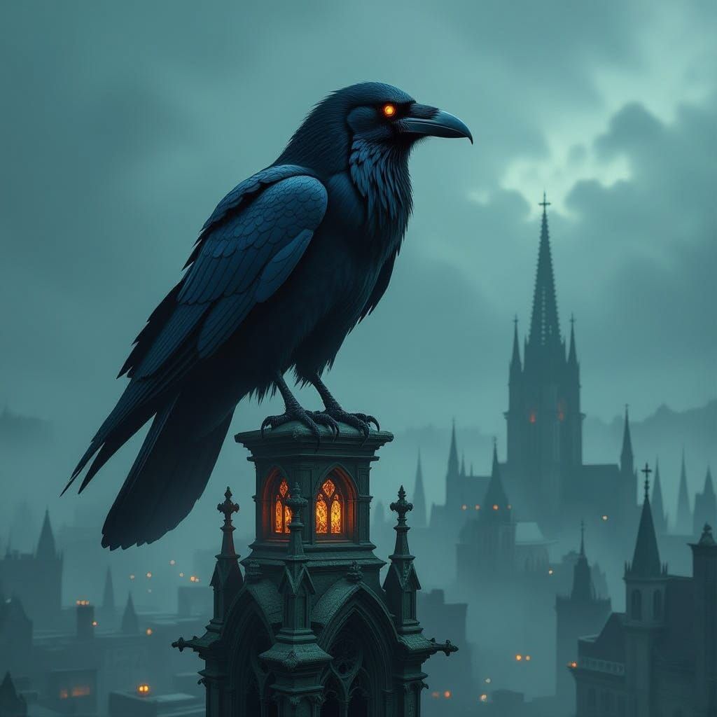 Ancient Raven on Gothic Spire Over Desolate City