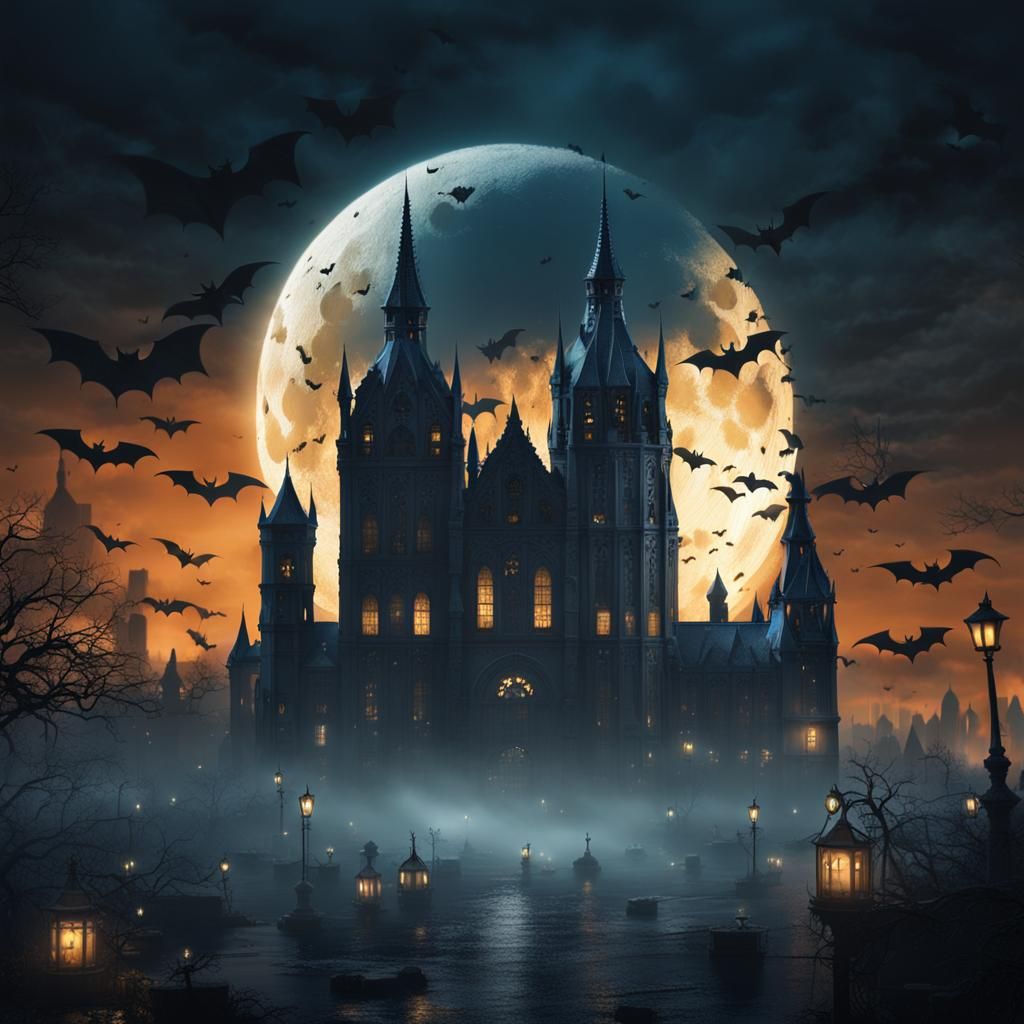 Gotham City: Spooky Moon, Fog, and Bats
