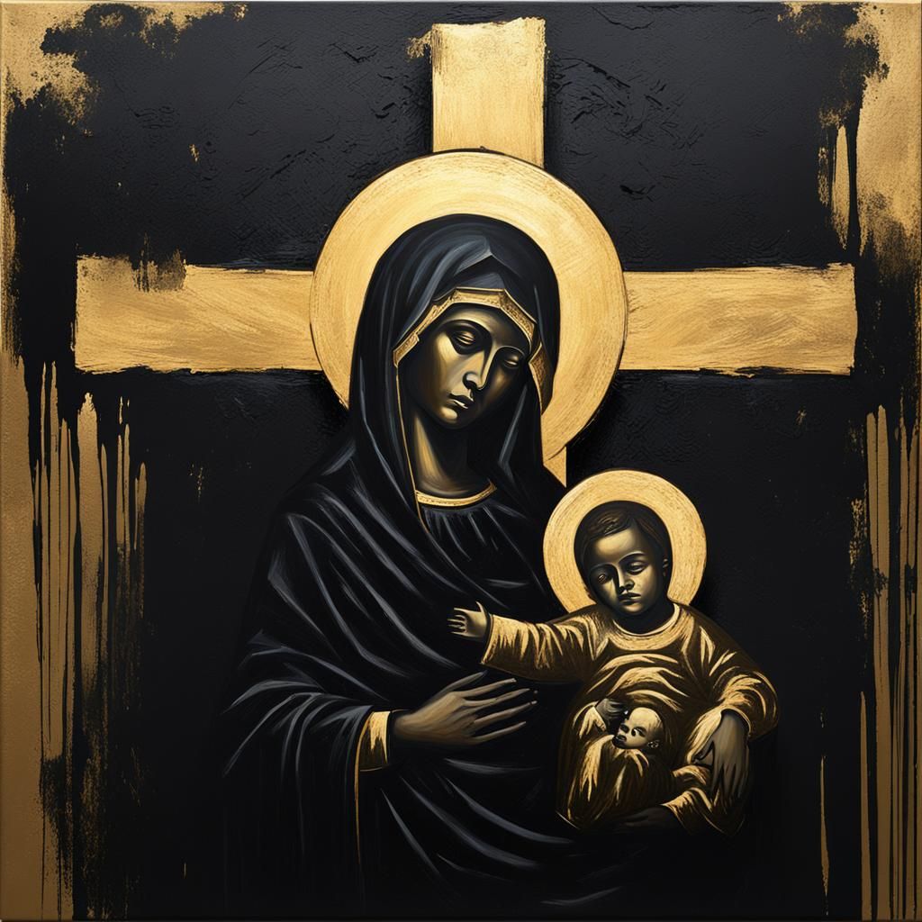 Black Madonna Painting with Golden Gothic Cross