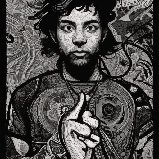 Yoga Skateboarder in Black Forest Linocut