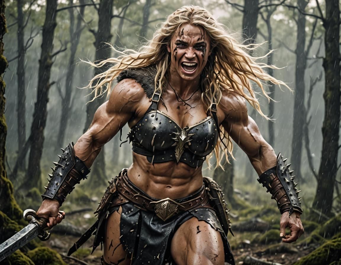 Muscular Barbarian Warrior in Enchanted Forest