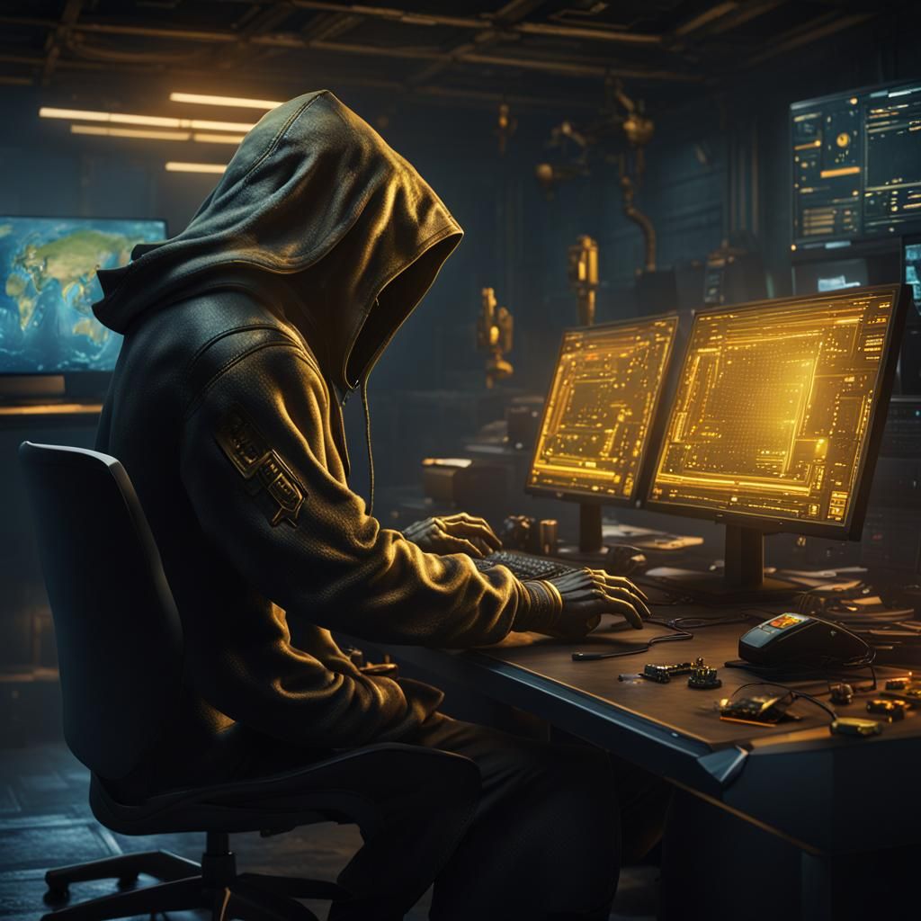 Hooded Hacker in Dark Room: Digital Concept Art