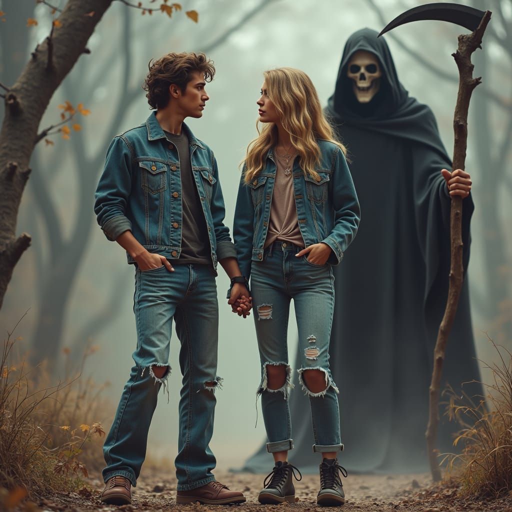 Rebellious Teens Confront Grim Reaper in Fantasy Landscape