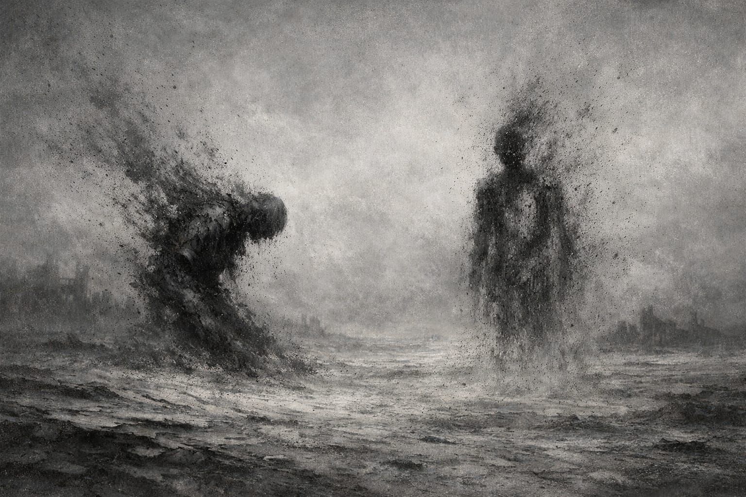 Figures Dissolving into Ash in a Desolate Landscape