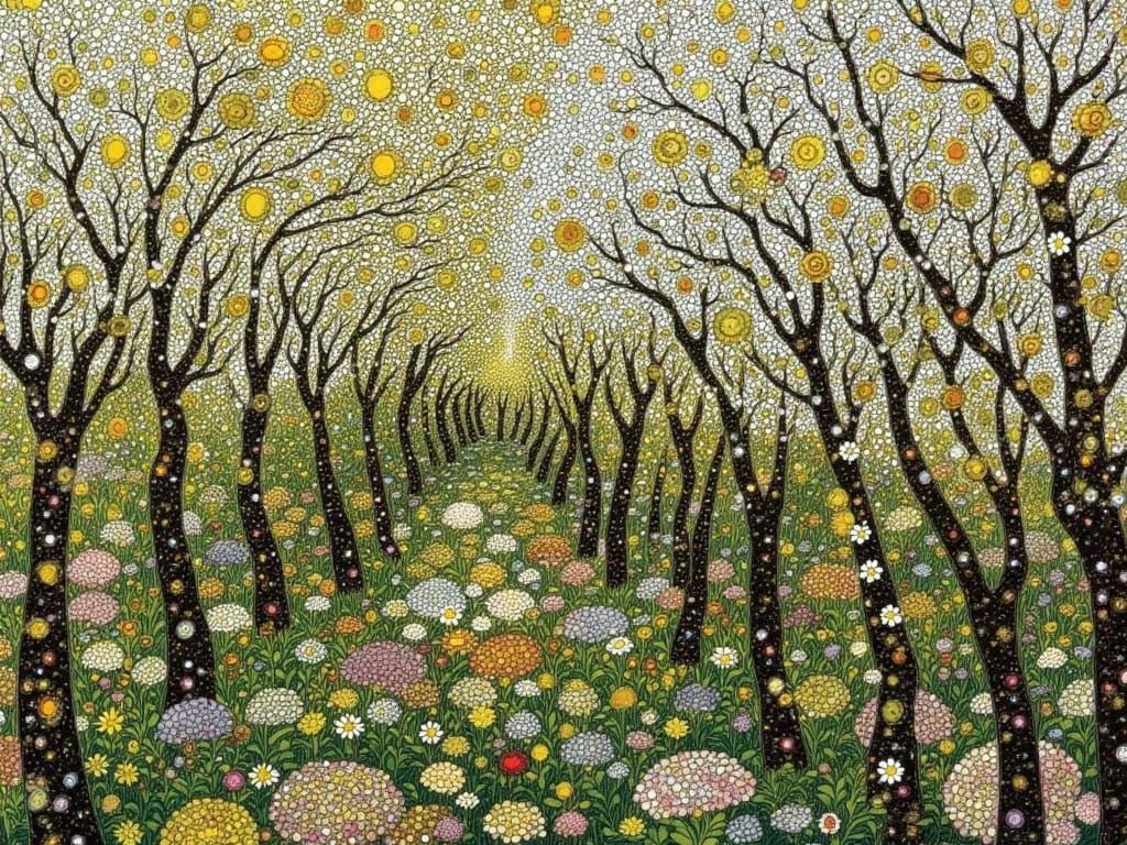 Golden Apple Blossom Garden in Whimsical Art Style