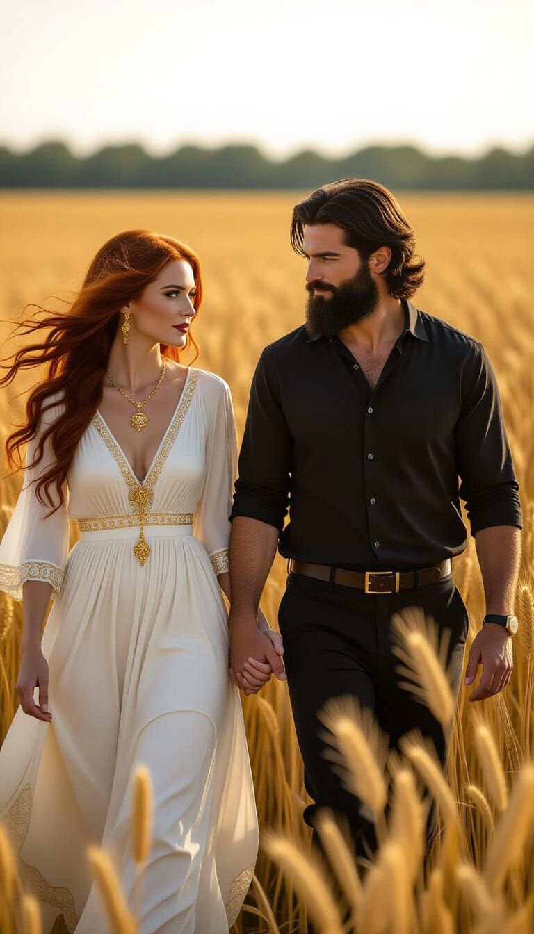Couple in Golden Wheat Field, Cinematic Film Still