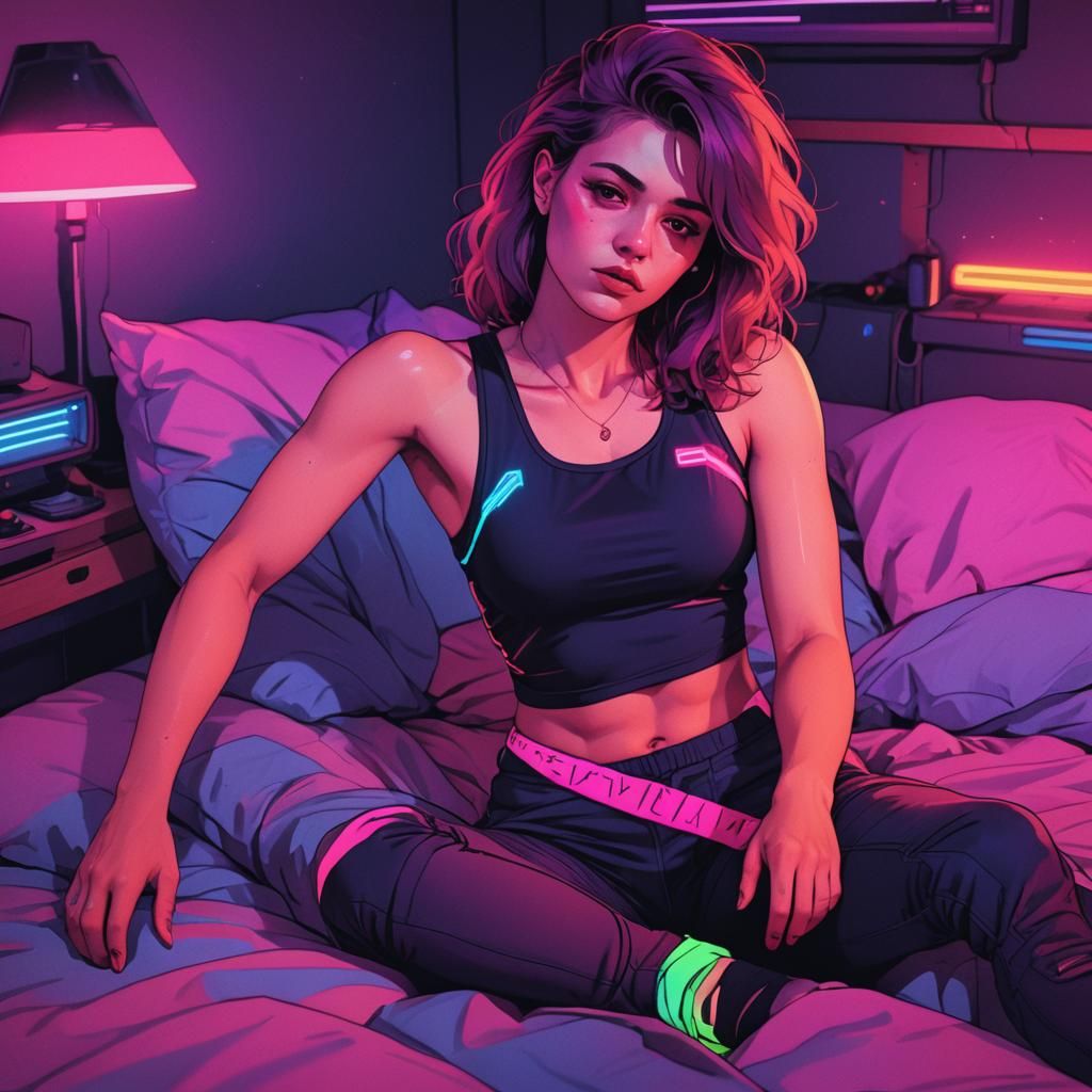 Tired Woman on Bed in Synthwave Neon Style