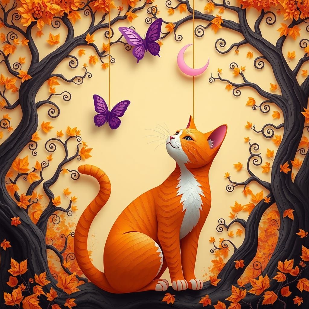 Paper Mache Cat in Autumn Forest, Matte Painting