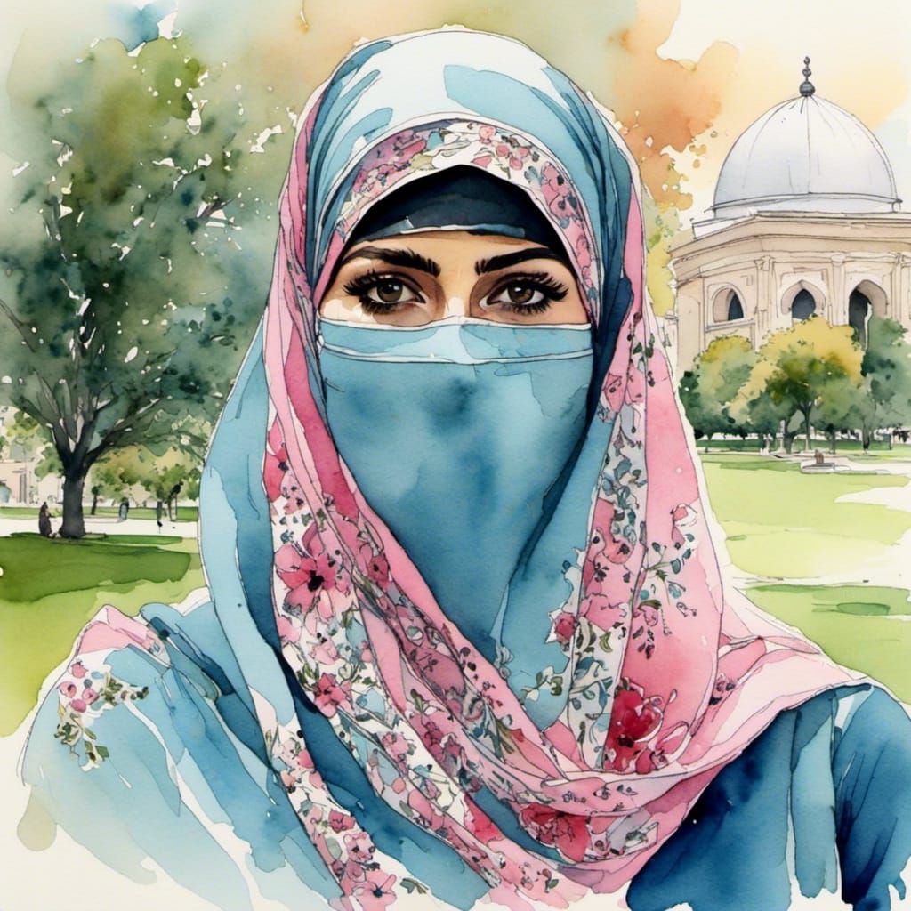Beautiful Niqabi Woman Portrait in Watercolor Style