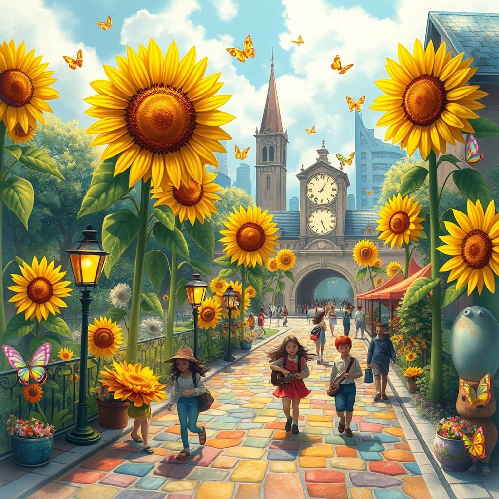 A whimsical city park where towering sunflowers have streetlamps built into their centers, casting warm light. People st...