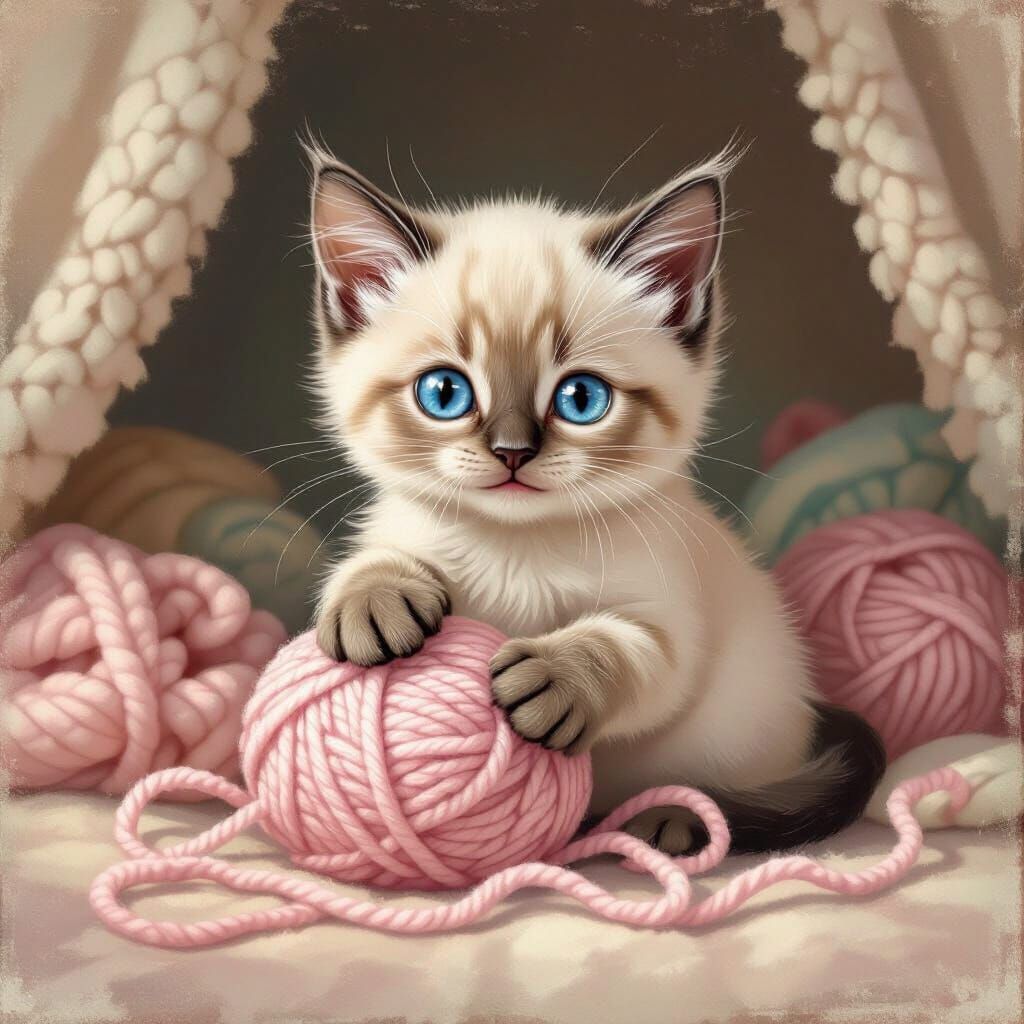 Siamese Kitten with Blue Eyes, Whimsical Illustration