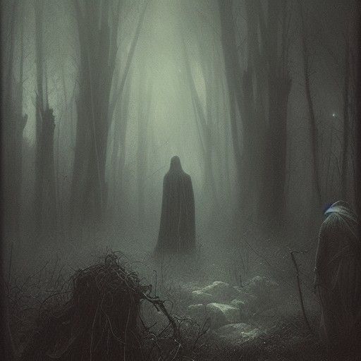 Dark Cloaked Figure in Misty Graveyard, Horror Art
