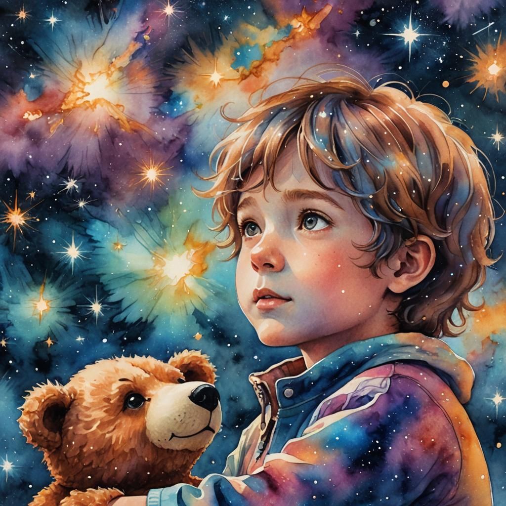 Boy and Teddy Bear Gaze at Cosmic Sky