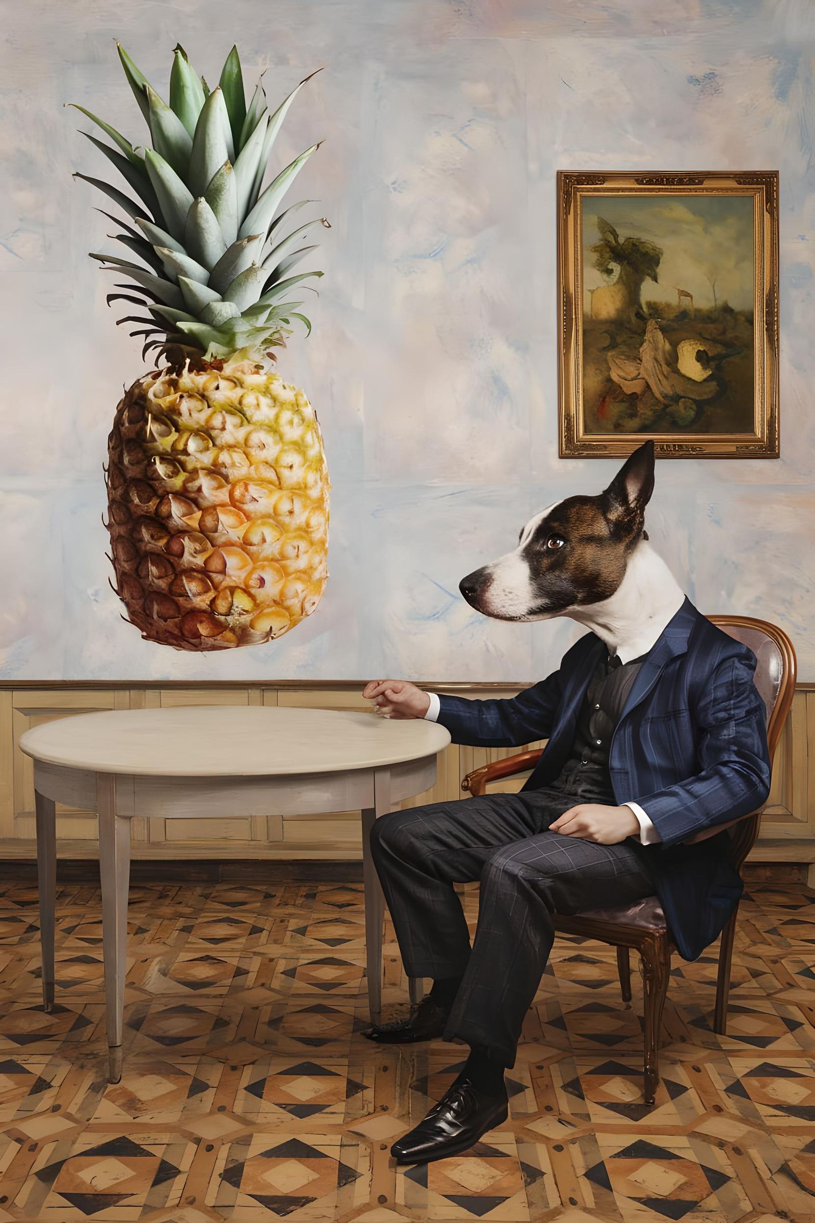 Surreal Pineapple Dreamscape with Dog-Headed Man