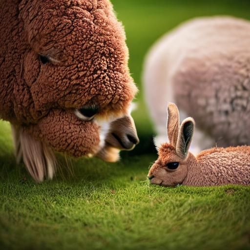 Alpaca Eats Rabbit: Photorealistic, Detailed Composition