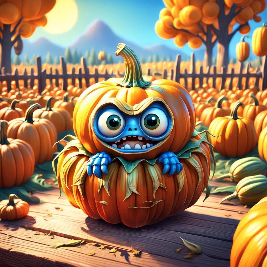 Grumpy Corncob Creature in Pumpkin Patch, Pixar Style