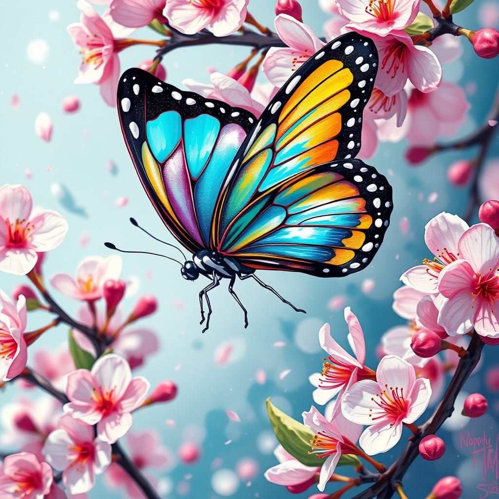 Vibrant Butterfly Lands on Cherry Blossom Graffiti