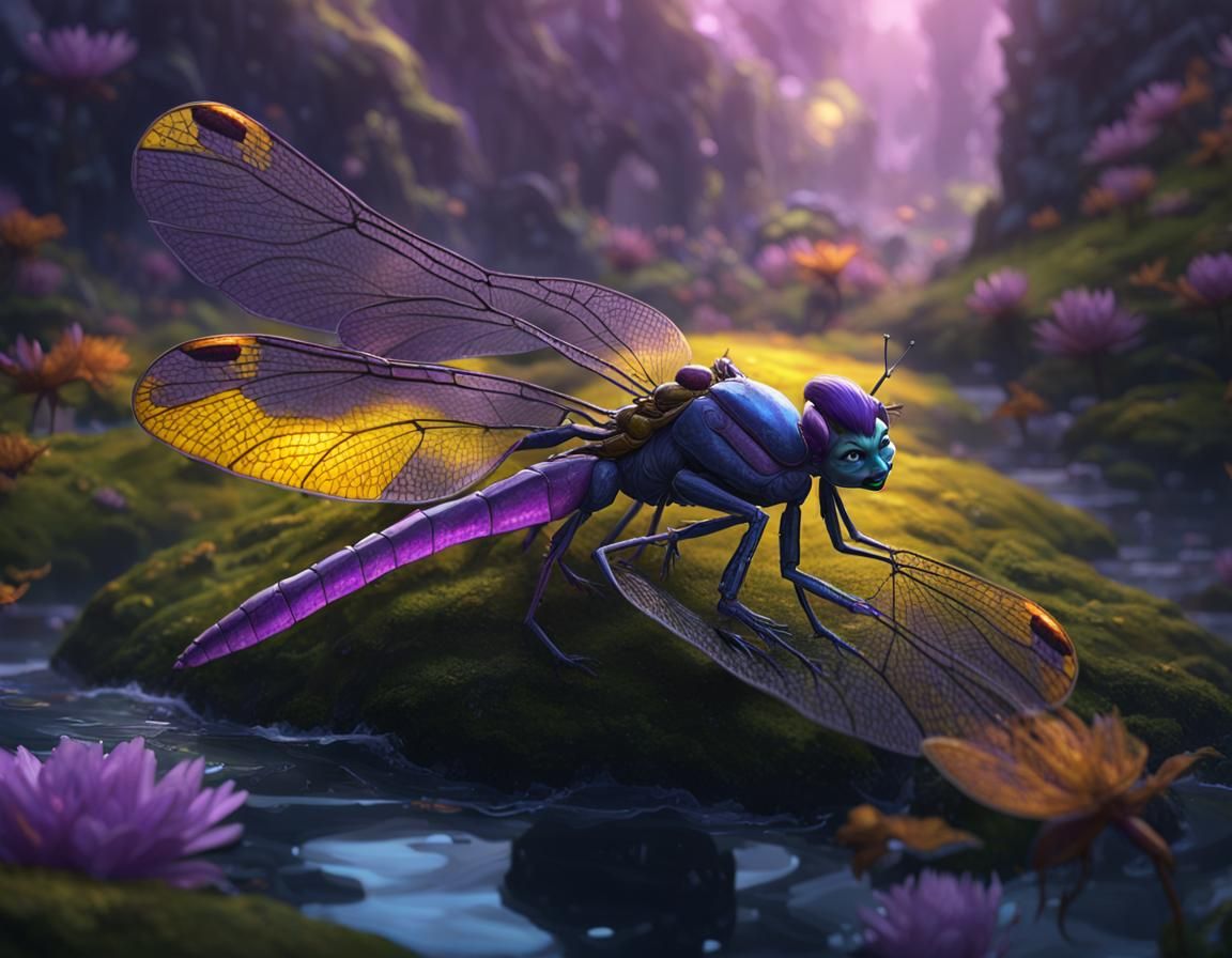 Elf on Dragonfly: Dark Fantasy Concept Art