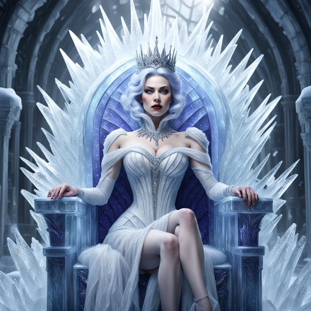 Ice Queen on Crystal Throne in Hyper-Realistic Style