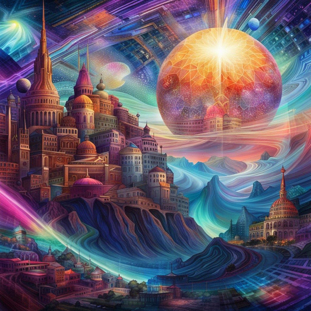 Futuristic Domed Buildings in Holographic Cosmic Style